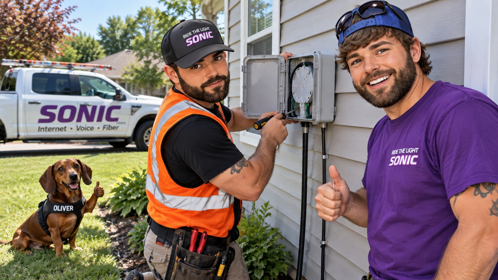 SonicPCS technicians installing a fiber network box at a home