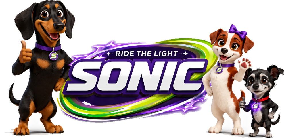 SonicPCS mascots Oliver, Delilah and Charlie with the Ride the Light logo